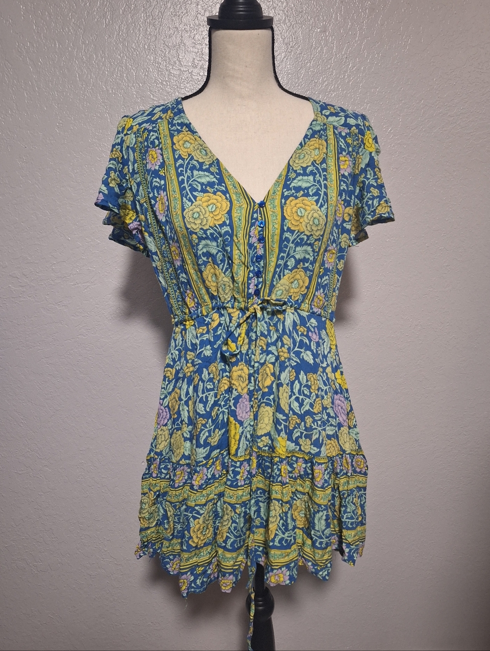 Sea Lustre Floral Blue Purple Yellow Short Sleeve Waist Tie V-Neck Mini Dress - Picture 1 of 7